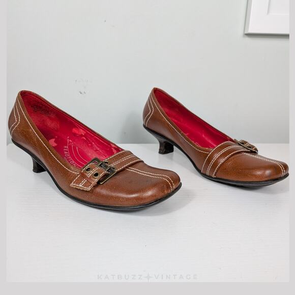 Vintage Y2K Kitten Heel Loafers 7 Brown Buckle Squre Toe Academia Twee Chunky - Picture 1 of 16